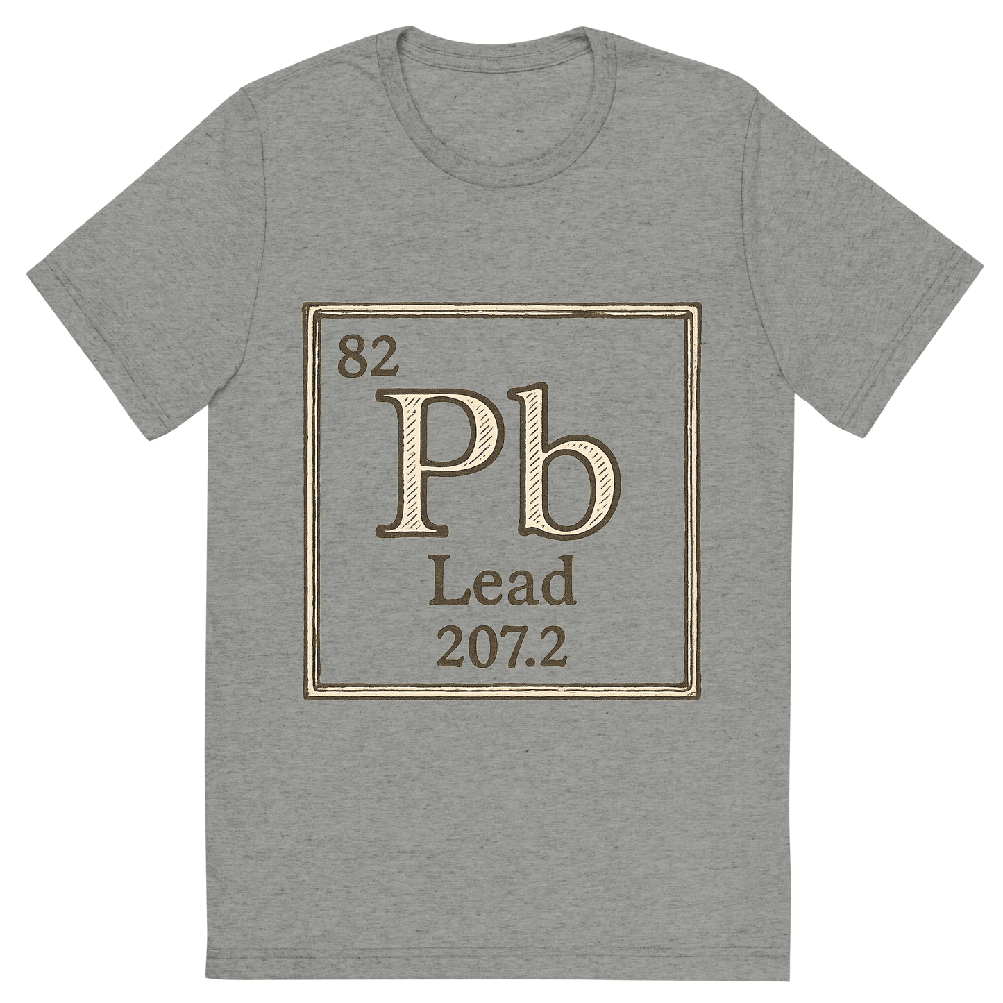 Front view of a Premium Tri-Blend Crew Neck T-Shirt in Athletic Grey showing 'A line art, nostalgic graphic of lead's entry on the periodic table, use a dark color for the lines and text'