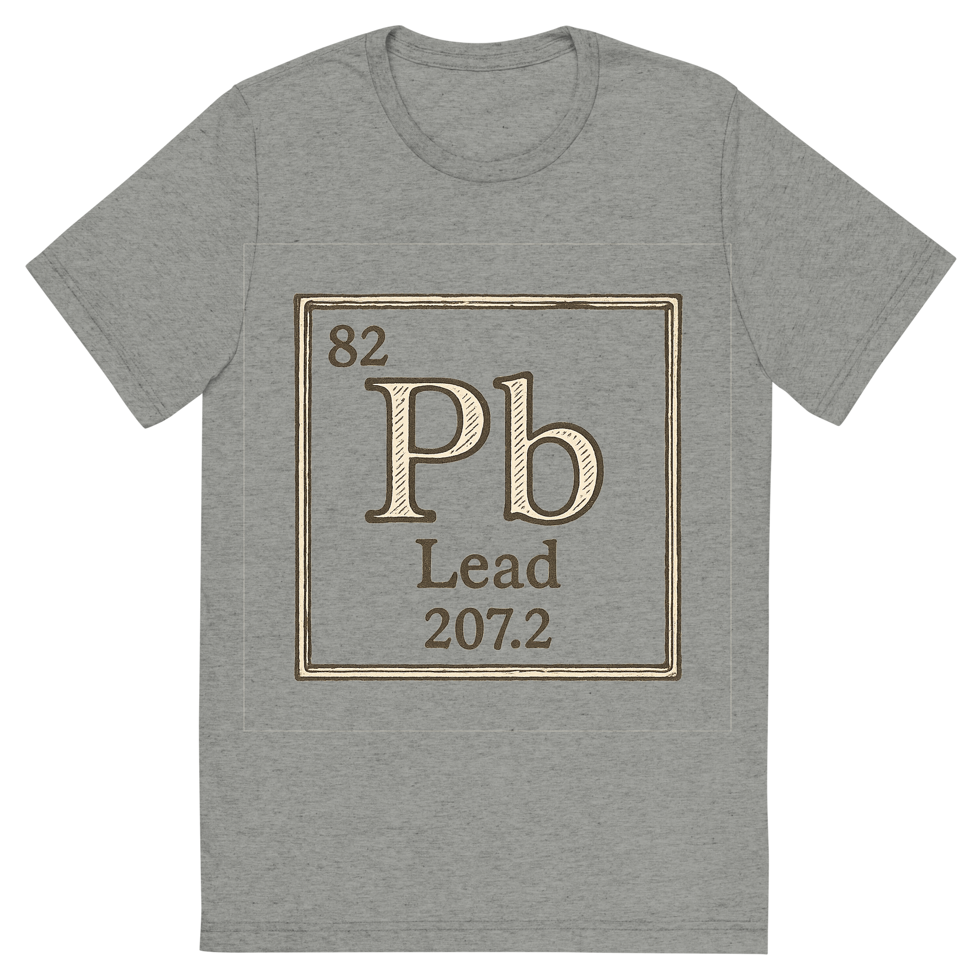 Front view of a Premium Tri-Blend Crew Neck T-Shirt in Athletic Grey showing 'A line art, nostalgic graphic of lead's entry on the periodic table, use a dark color for the lines and text'