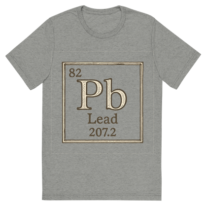 Front view of a Premium Tri-Blend Crew Neck T-Shirt in Athletic Grey showing 'A line art, nostalgic graphic of lead's entry on the periodic table, use a dark color for the lines and text'