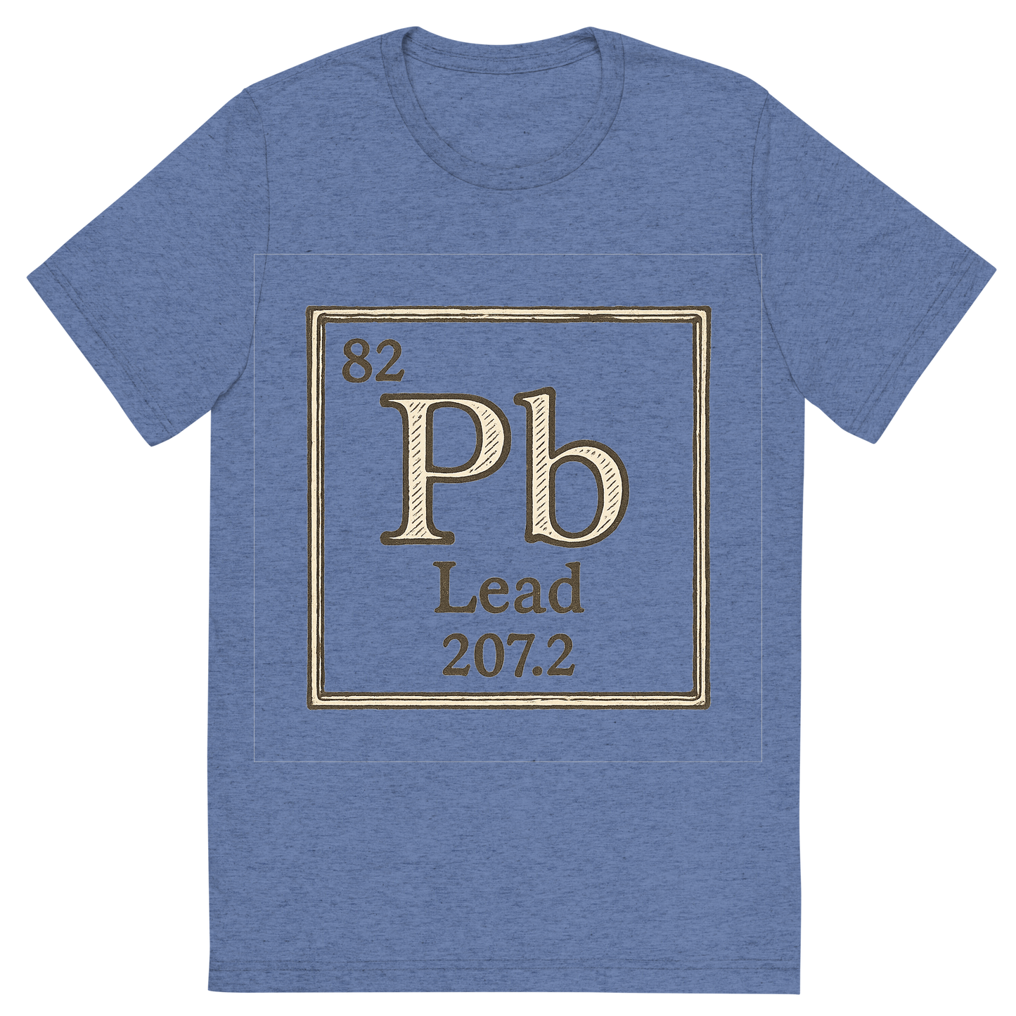 Front view of a Premium Tri-Blend Crew Neck T-Shirt in Blue showing 'A line art, nostalgic graphic of lead's entry on the periodic table, use a dark color for the lines and text'