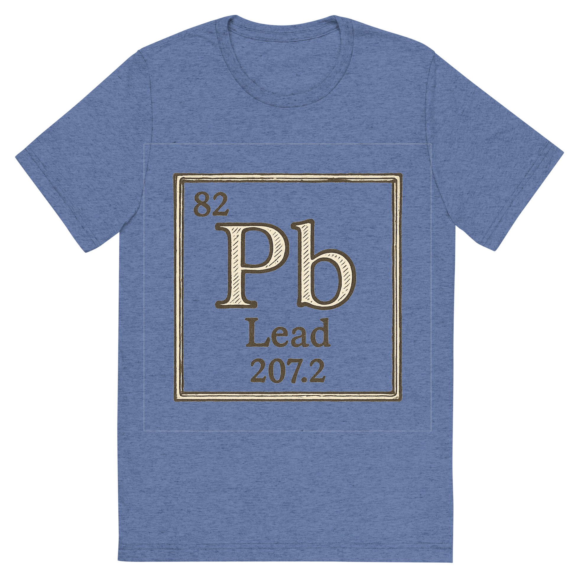 Front view of a Premium Tri-Blend Crew Neck T-Shirt in Blue showing 'A line art, nostalgic graphic of lead's entry on the periodic table, use a dark color for the lines and text'