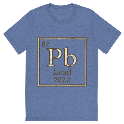 Front view of a Premium Tri-Blend Crew Neck T-Shirt in Blue showing 'A line art, nostalgic graphic of lead's entry on the periodic table, use a dark color for the lines and text'