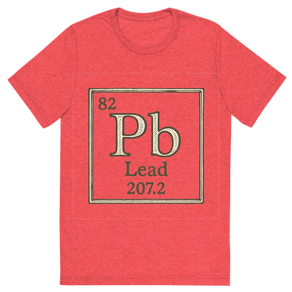 Front view of a Premium Tri-Blend Crew Neck T-Shirt in Red showing 'A line art, nostalgic graphic of lead's entry on the periodic table, use a dark color for the lines and text'