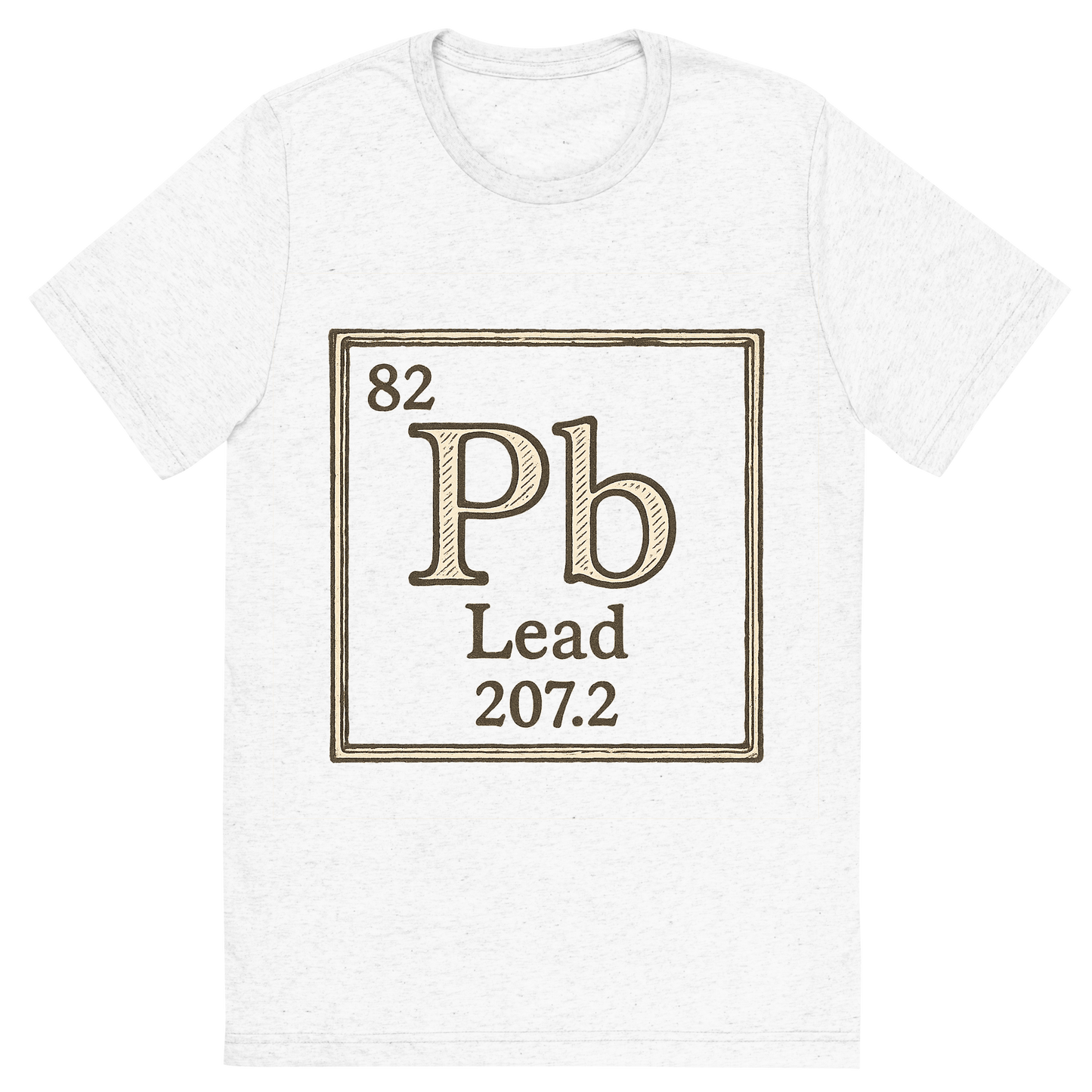 Front view of a Premium Tri-Blend Crew Neck T-Shirt in Solid White showing 'A line art, nostalgic graphic of lead's entry on the periodic table, use a dark color for the lines and text'