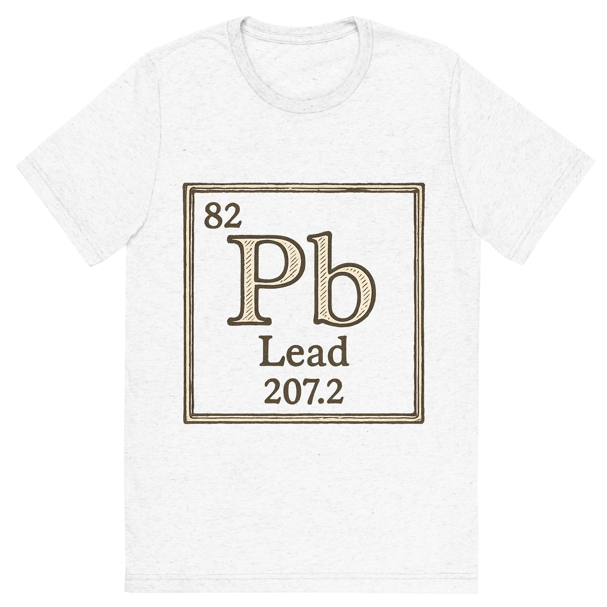 Front view of a Premium Tri-Blend Crew Neck T-Shirt in Solid White showing 'A line art, nostalgic graphic of lead's entry on the periodic table, use a dark color for the lines and text'