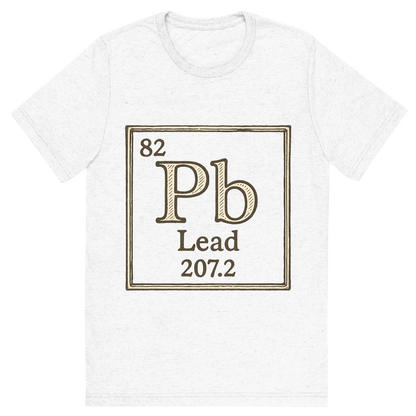 Front view of a Premium Tri-Blend Crew Neck T-Shirt in Solid White showing 'A line art, nostalgic graphic of lead's entry on the periodic table, use a dark color for the lines and text'