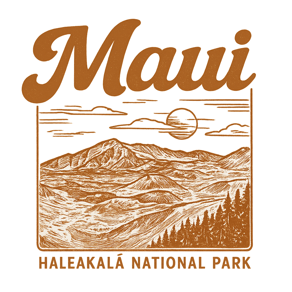 A typographic, nostalgic graphic of a typographic illustration of the words 'maui' with a vintage line art drawing of haleakalā national park – a t-shirt design