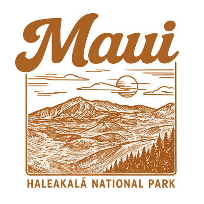 A typographic, nostalgic graphic of a typographic illustration of the words 'maui' with a vintage line art drawing of haleakalā national park – a t-shirt design