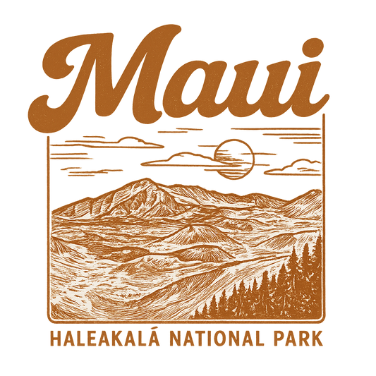A typographic, nostalgic graphic of a typographic illustration of the words 'maui' with a vintage line art drawing of haleakalā national park – a t-shirt design
