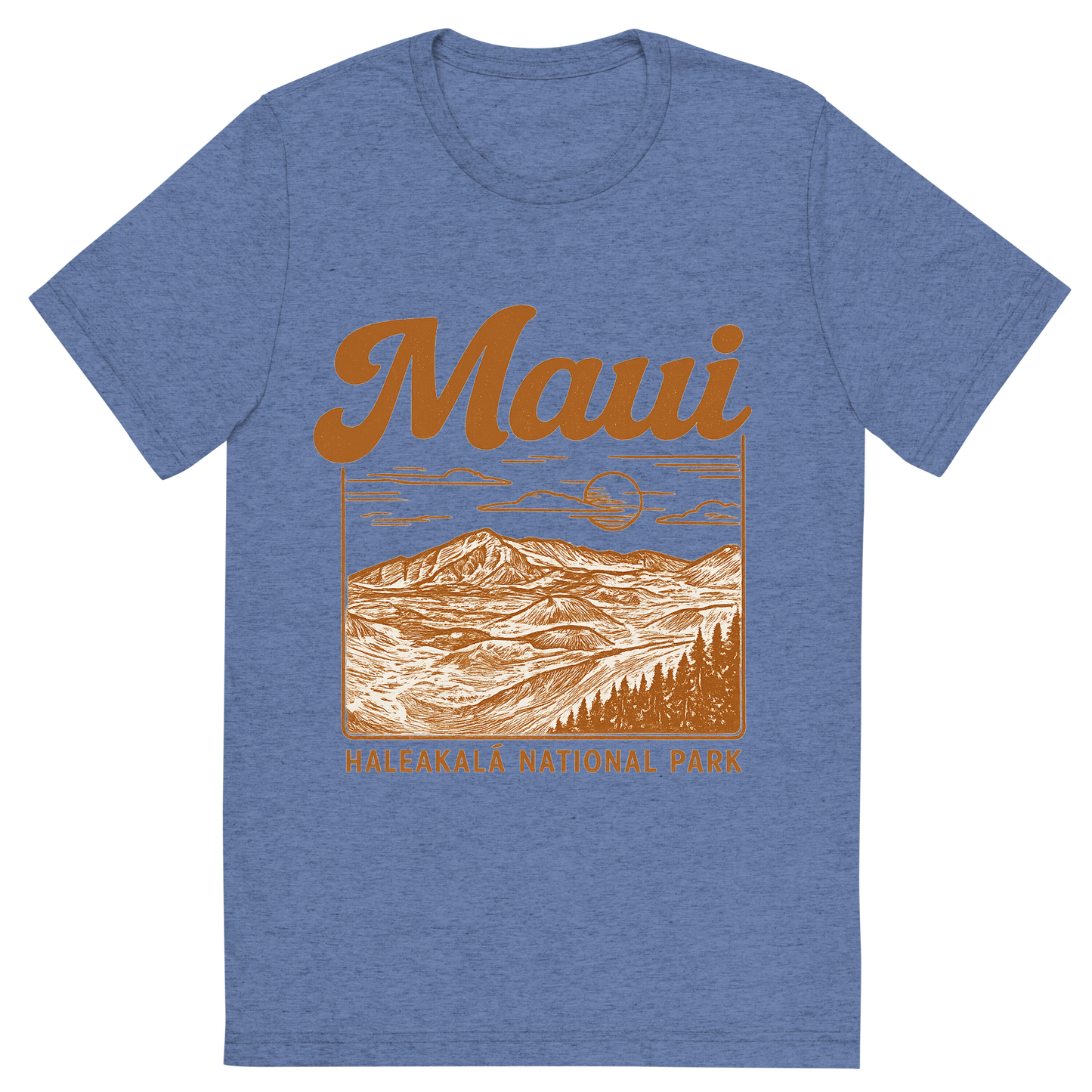 Front view of a Premium Tri-Blend Crew Neck T-Shirt in Blue showing 'A typographic, nostalgic graphic of a typographic illustration of the words 'maui' with a vintage line art drawing of haleakalā national park'