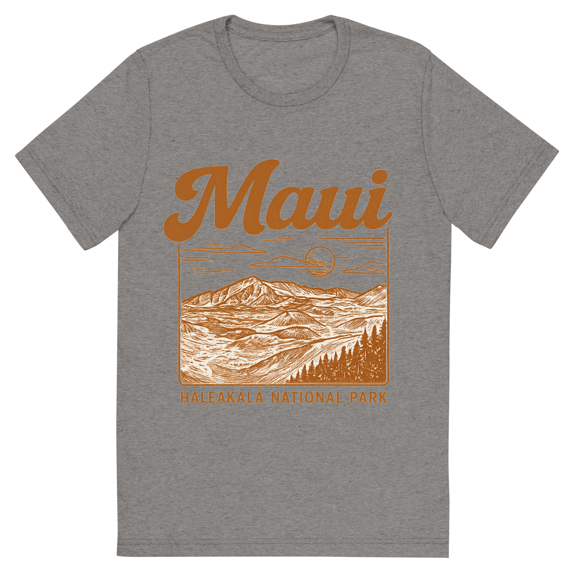 Front view of a Premium Tri-Blend Crew Neck T-Shirt in Grey showing 'A typographic, nostalgic graphic of a typographic illustration of the words 'maui' with a vintage line art drawing of haleakalā national park'