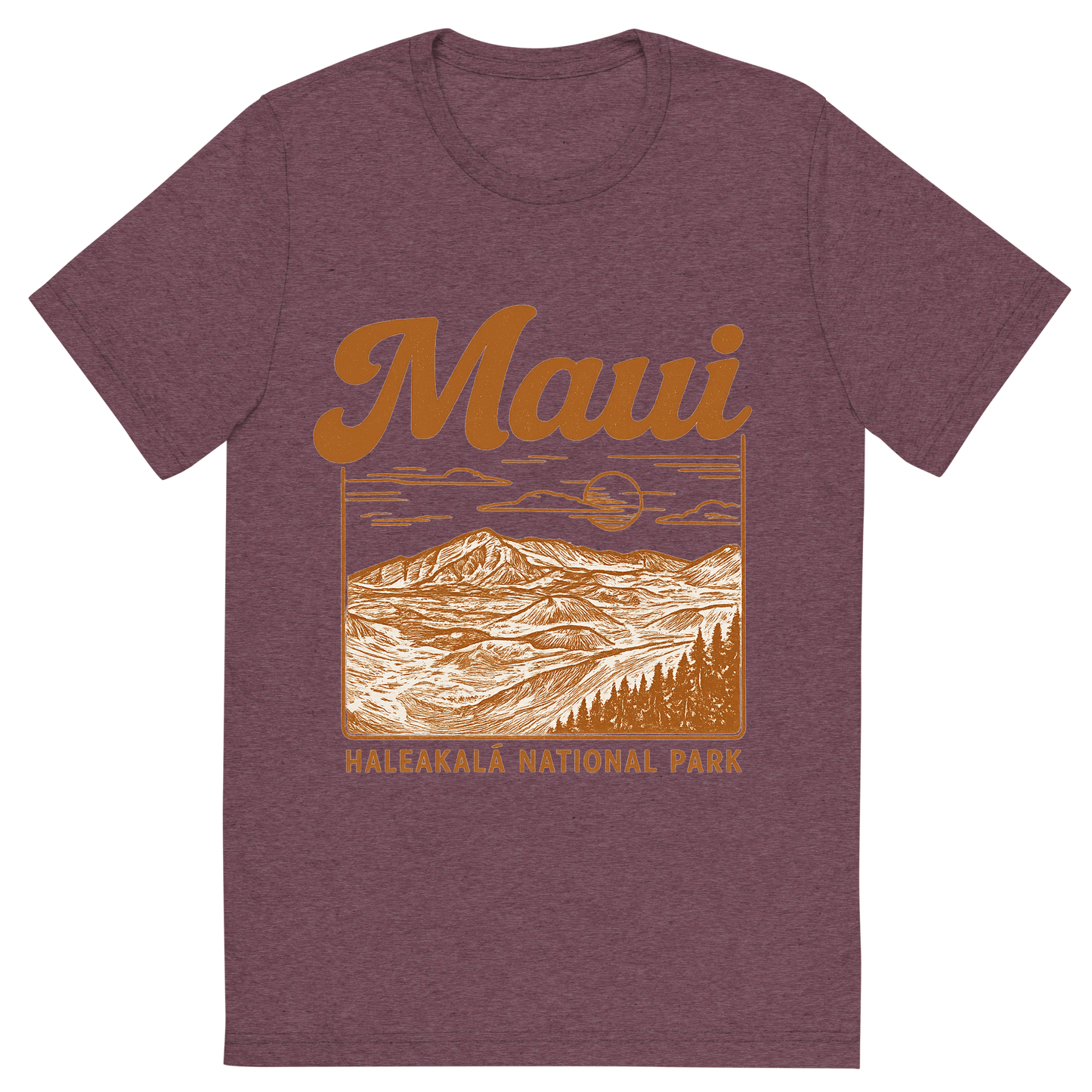 Front view of a Premium Tri-Blend Crew Neck T-Shirt in Maroon showing 'A typographic, nostalgic graphic of a typographic illustration of the words 'maui' with a vintage line art drawing of haleakalā national park'