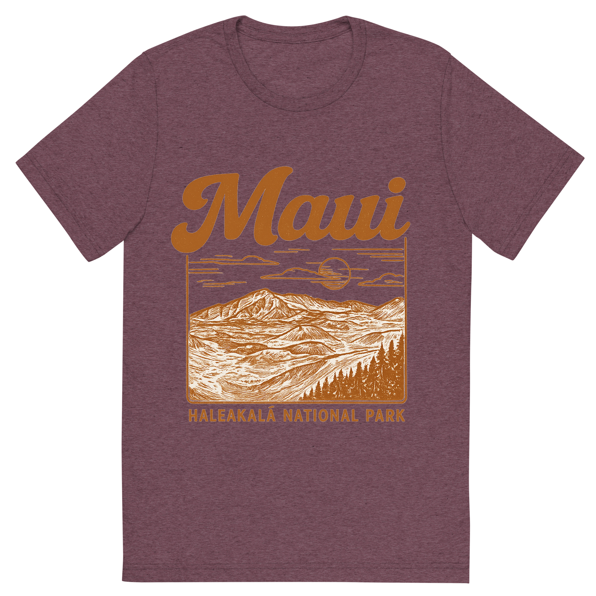 Front view of a Premium Tri-Blend Crew Neck T-Shirt in Maroon showing 'A typographic, nostalgic graphic of a typographic illustration of the words 'maui' with a vintage line art drawing of haleakalā national park'