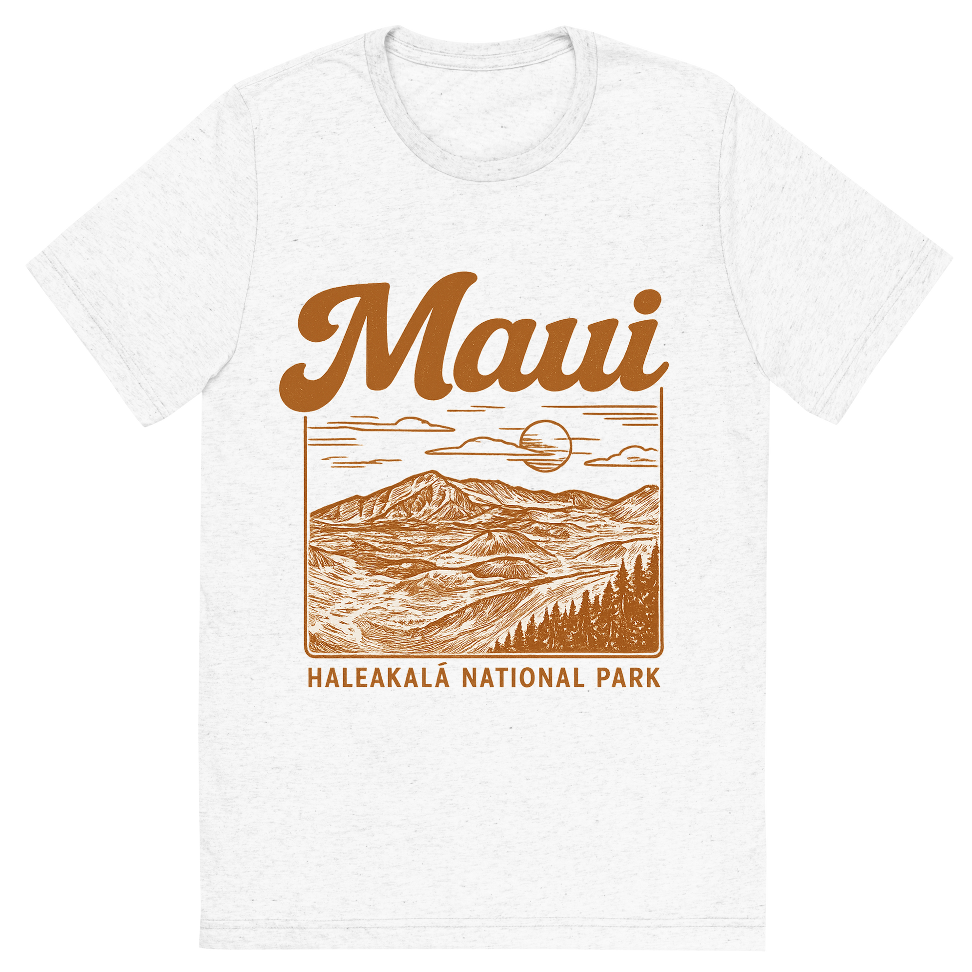 Front view of a Premium Tri-Blend Crew Neck T-Shirt in Solid White showing 'A typographic, nostalgic graphic of a typographic illustration of the words 'maui' with a vintage line art drawing of haleakalā national park'