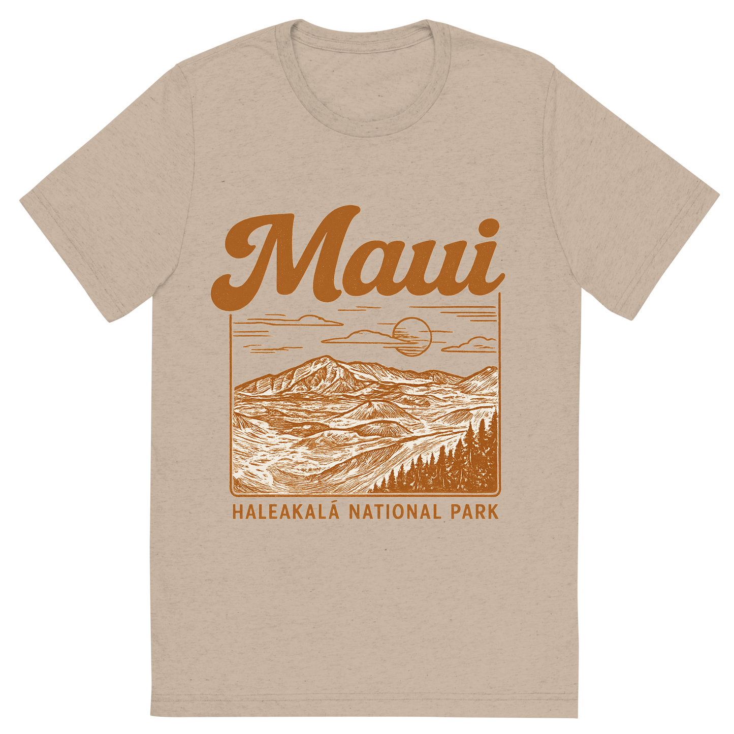 Front view of a Premium Tri-Blend Crew Neck T-Shirt in Tan showing 'A typographic, nostalgic graphic of a typographic illustration of the words 'maui' with a vintage line art drawing of haleakalā national park'