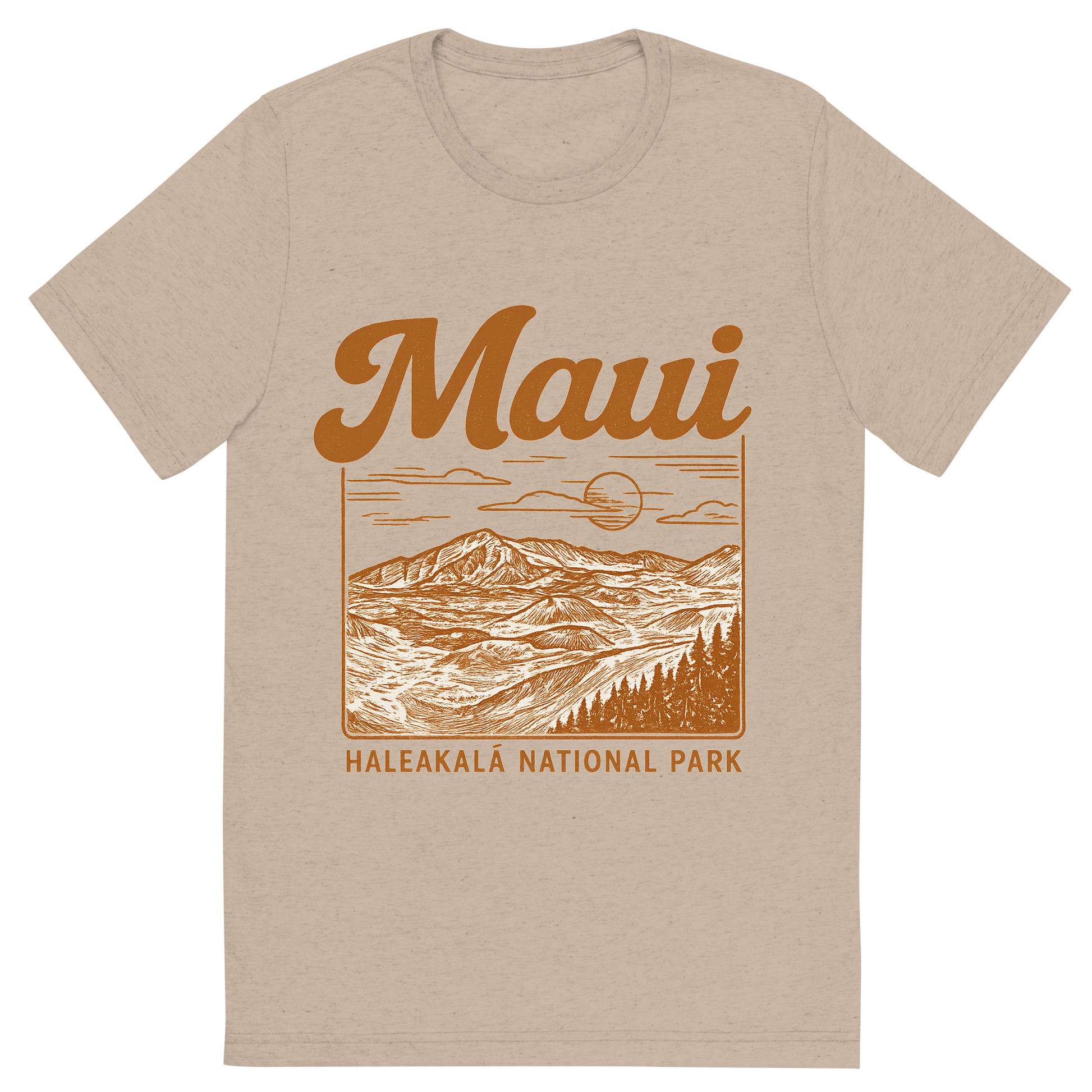Front view of a Premium Tri-Blend Crew Neck T-Shirt in Tan showing 'A typographic, nostalgic graphic of a typographic illustration of the words 'maui' with a vintage line art drawing of haleakalā national park'