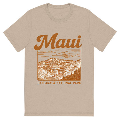 Front view of a Premium Tri-Blend Crew Neck T-Shirt in Tan showing 'A typographic, nostalgic graphic of a typographic illustration of the words 'maui' with a vintage line art drawing of haleakalā national park'