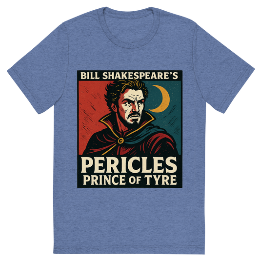 Front view of a Premium Tri-Blend Crew Neck T-Shirt in Blue showing 'A retro, edgy graphic of a visual representation of a key theme and character from william shakespeare's pericles, prince of tyre'