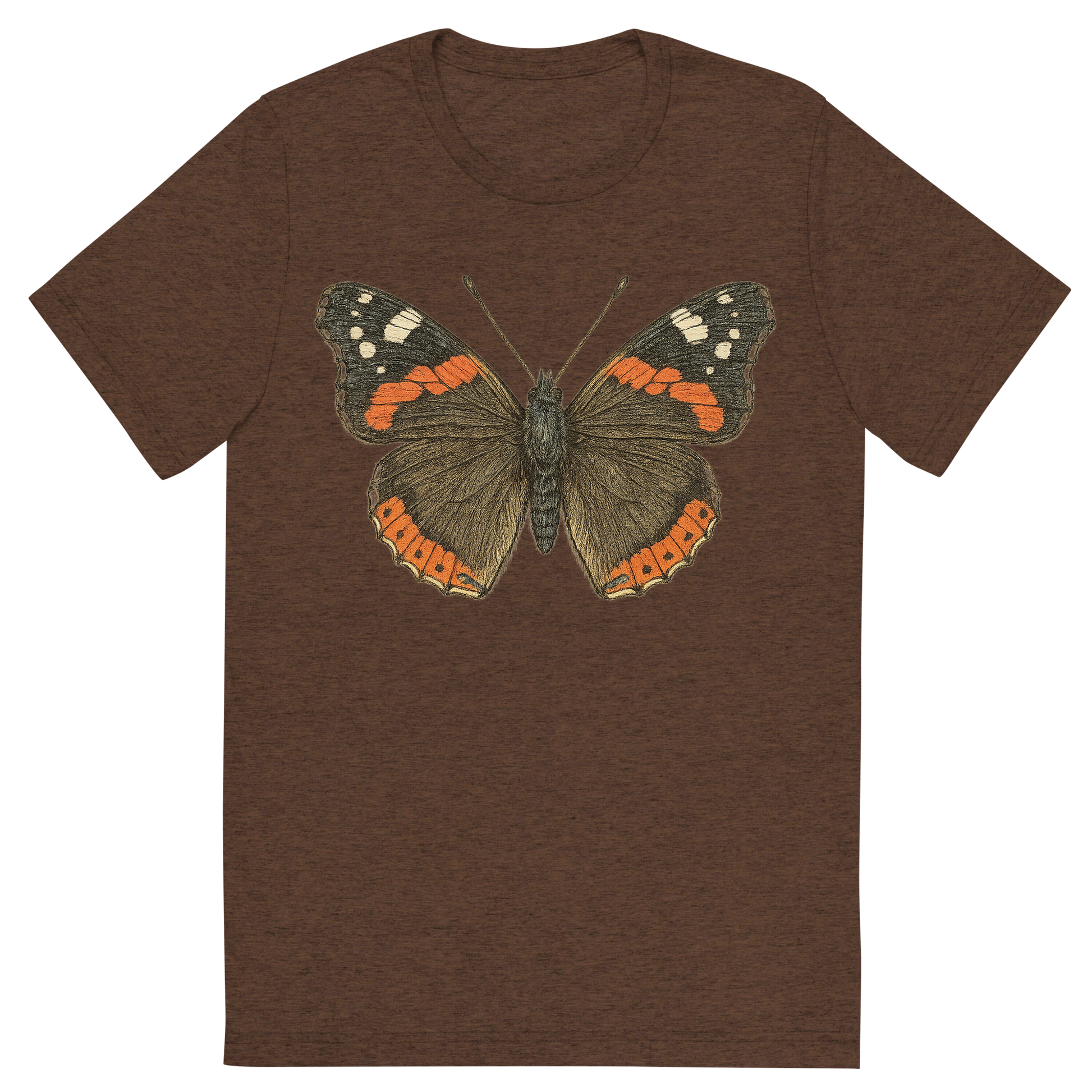 Front view of a Premium Tri-Blend Crew Neck T-Shirt in Brown showing 'A hand-drawn, tranquil graphic of red admiral butterfly'