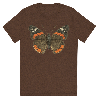 Front view of a Premium Tri-Blend Crew Neck T-Shirt in Brown showing 'A hand-drawn, tranquil graphic of red admiral butterfly'