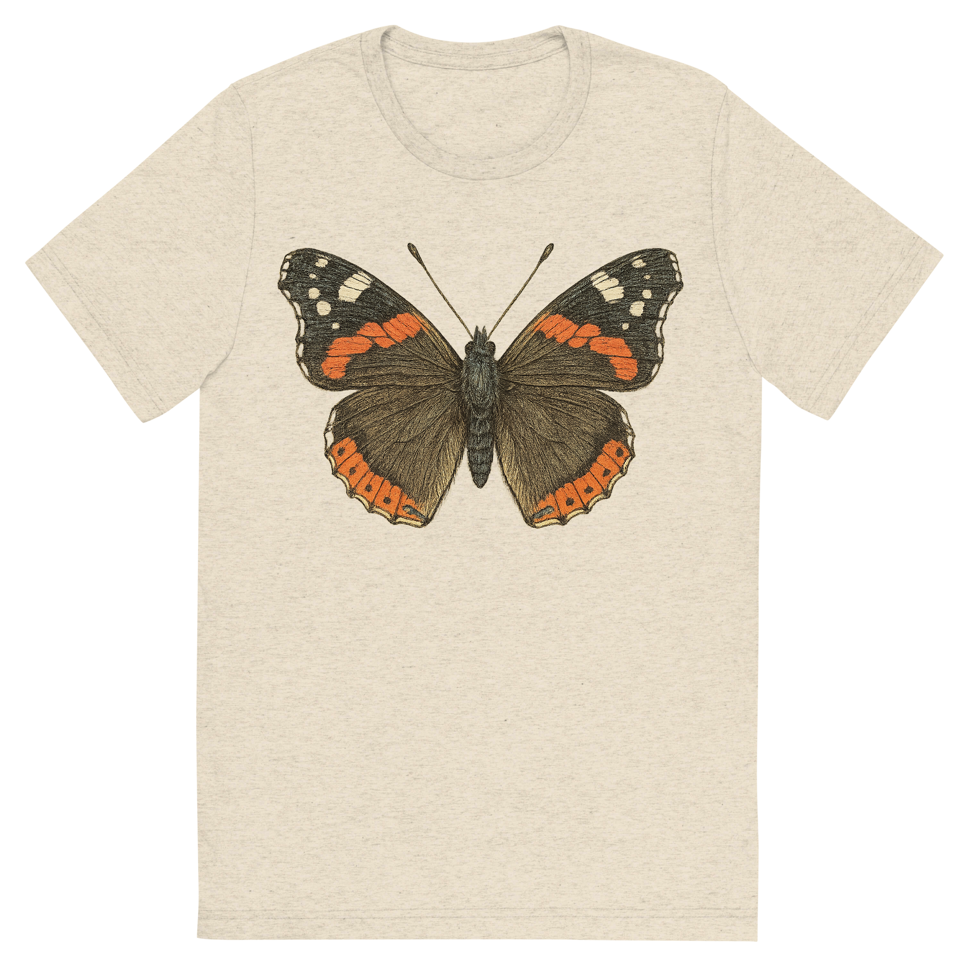 Front view of a Premium Tri-Blend Crew Neck T-Shirt in Oatmeal showing 'A hand-drawn, tranquil graphic of red admiral butterfly'