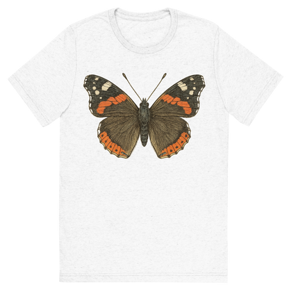 Front view of a Premium Tri-Blend Crew Neck T-Shirt in Solid White showing 'A hand-drawn, tranquil graphic of red admiral butterfly'