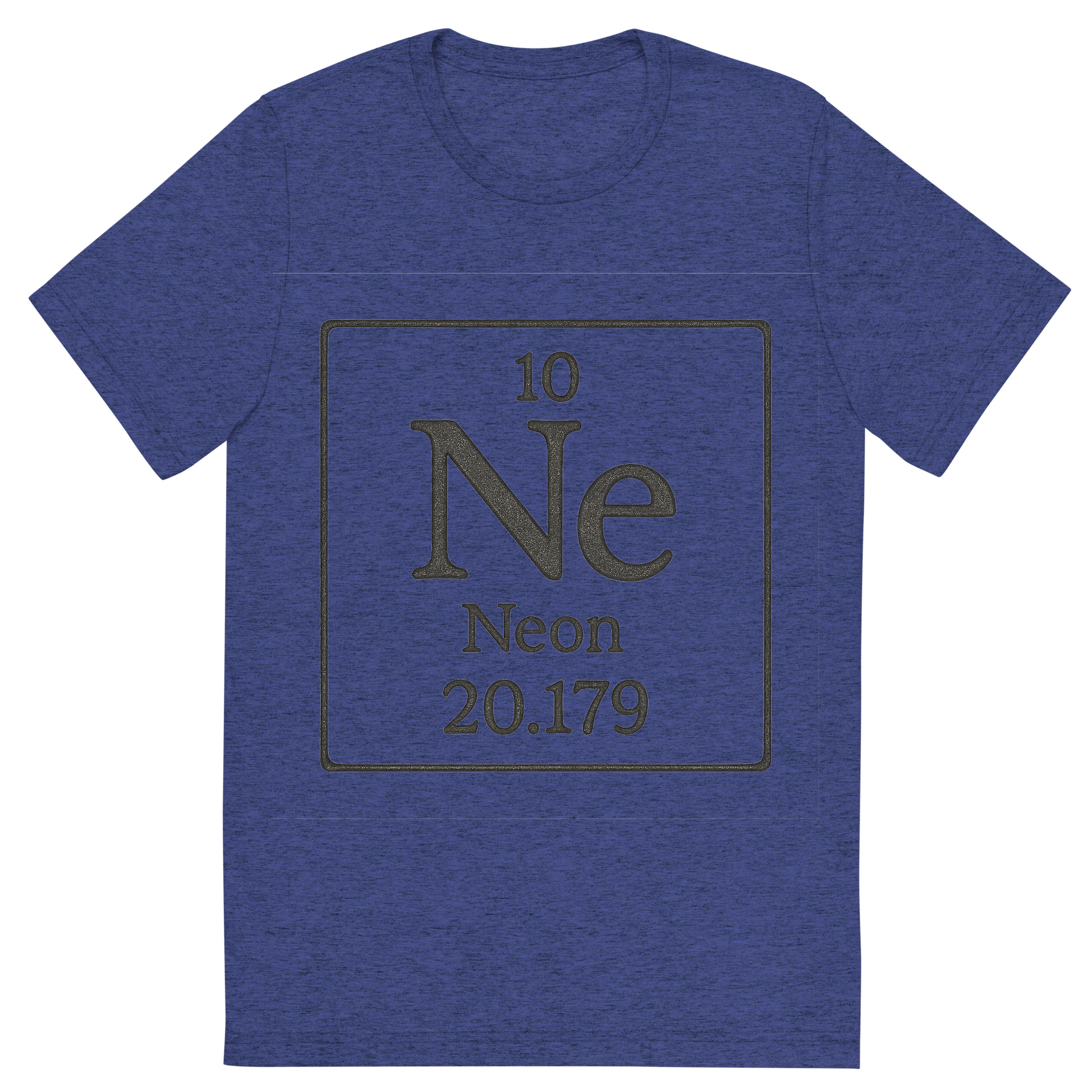 Front view of a Premium Tri-Blend Crew Neck T-Shirt in Navy showing 'A line art, nostalgic graphic of neon's entry on the periodic table, use a dark color for the lines and text'