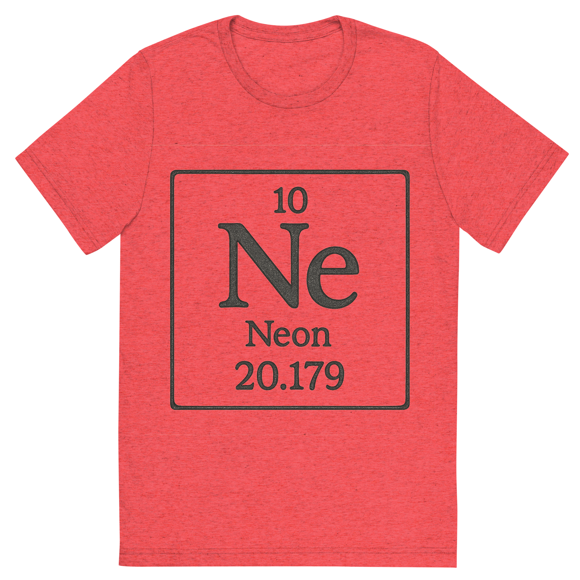 Front view of a Premium Tri-Blend Crew Neck T-Shirt in Red showing 'A line art, nostalgic graphic of neon's entry on the periodic table, use a dark color for the lines and text'