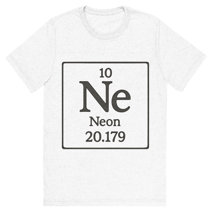 Front view of a Premium Tri-Blend Crew Neck T-Shirt in Solid White showing 'A line art, nostalgic graphic of neon's entry on the periodic table, use a dark color for the lines and text'