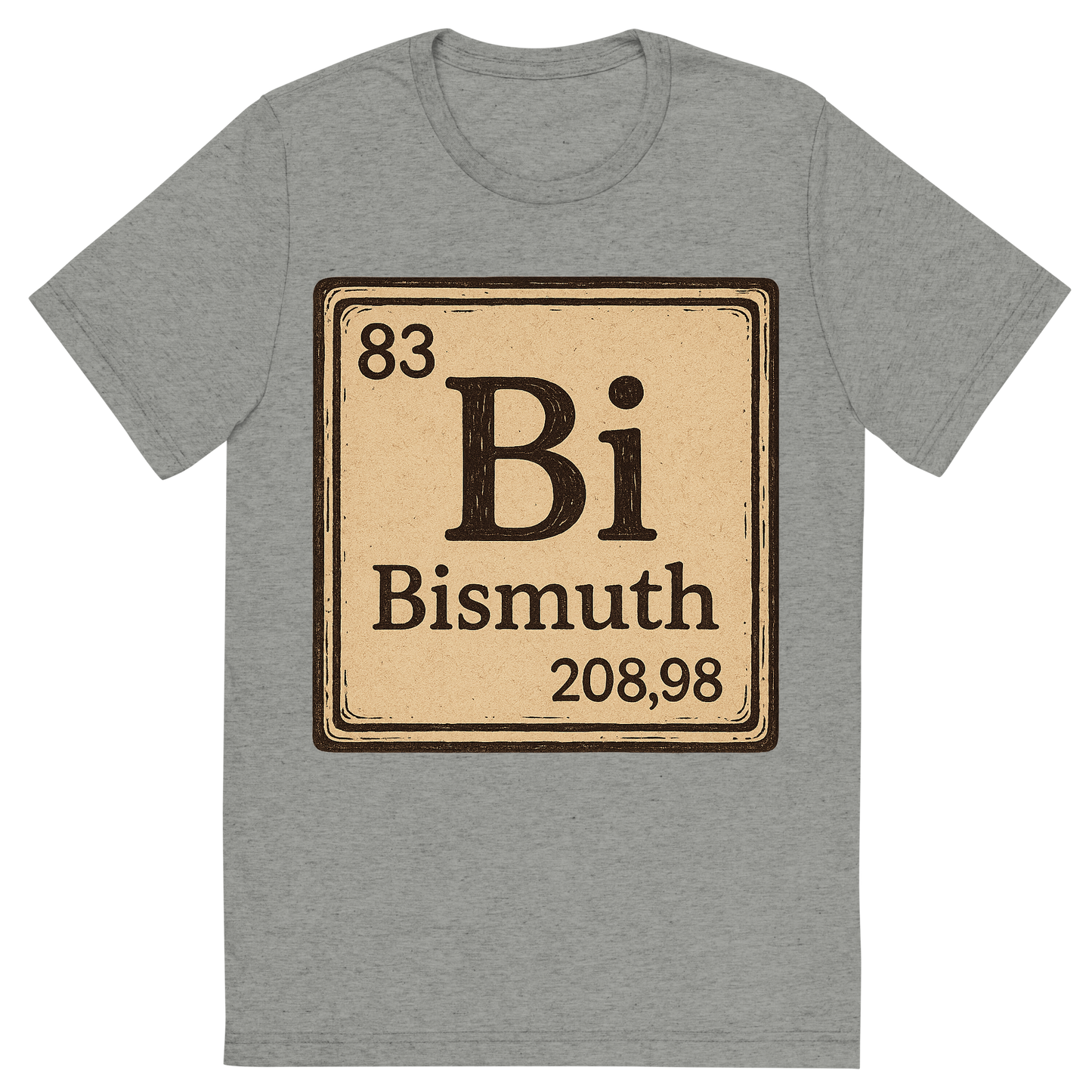 Front view of a Premium Tri-Blend Crew Neck T-Shirt in Athletic Grey showing 'A line art, nostalgic graphic of bismuth's entry on the periodic table, use a dark color for the lines and text'