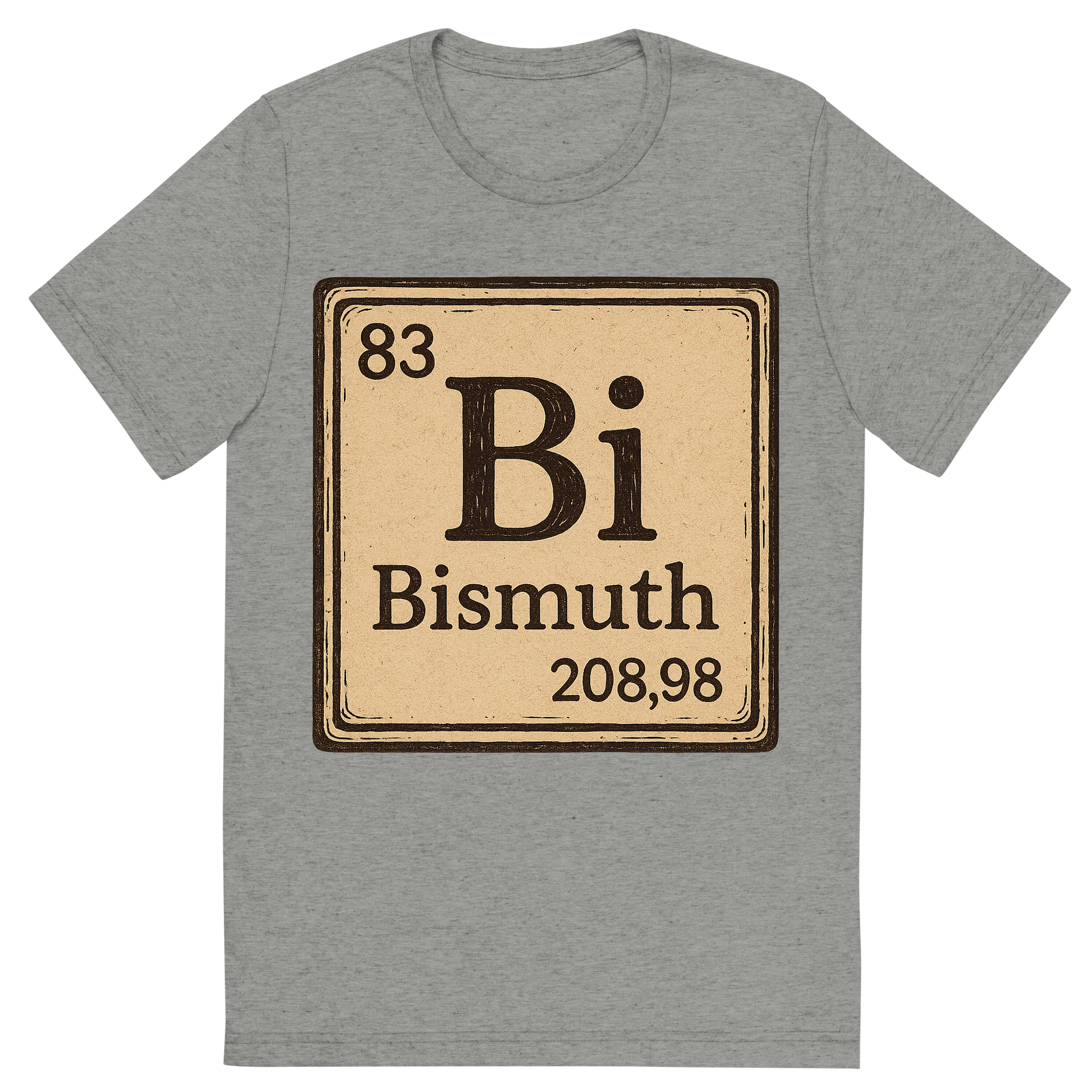 Front view of a Premium Tri-Blend Crew Neck T-Shirt in Athletic Grey showing 'A line art, nostalgic graphic of bismuth's entry on the periodic table, use a dark color for the lines and text'