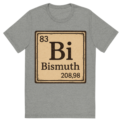 Front view of a Premium Tri-Blend Crew Neck T-Shirt in Athletic Grey showing 'A line art, nostalgic graphic of bismuth's entry on the periodic table, use a dark color for the lines and text'