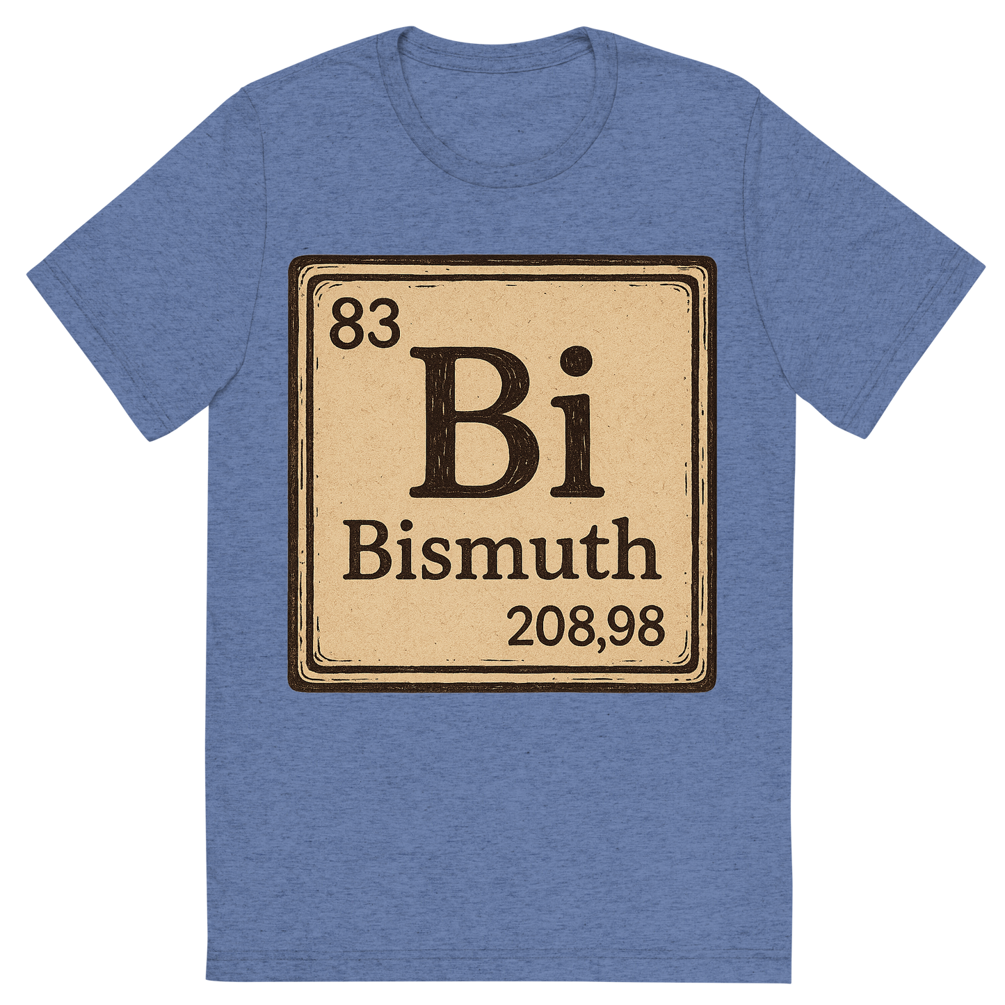 Front view of a Premium Tri-Blend Crew Neck T-Shirt in Blue showing 'A line art, nostalgic graphic of bismuth's entry on the periodic table, use a dark color for the lines and text'
