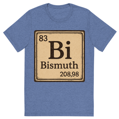 Front view of a Premium Tri-Blend Crew Neck T-Shirt in Blue showing 'A line art, nostalgic graphic of bismuth's entry on the periodic table, use a dark color for the lines and text'