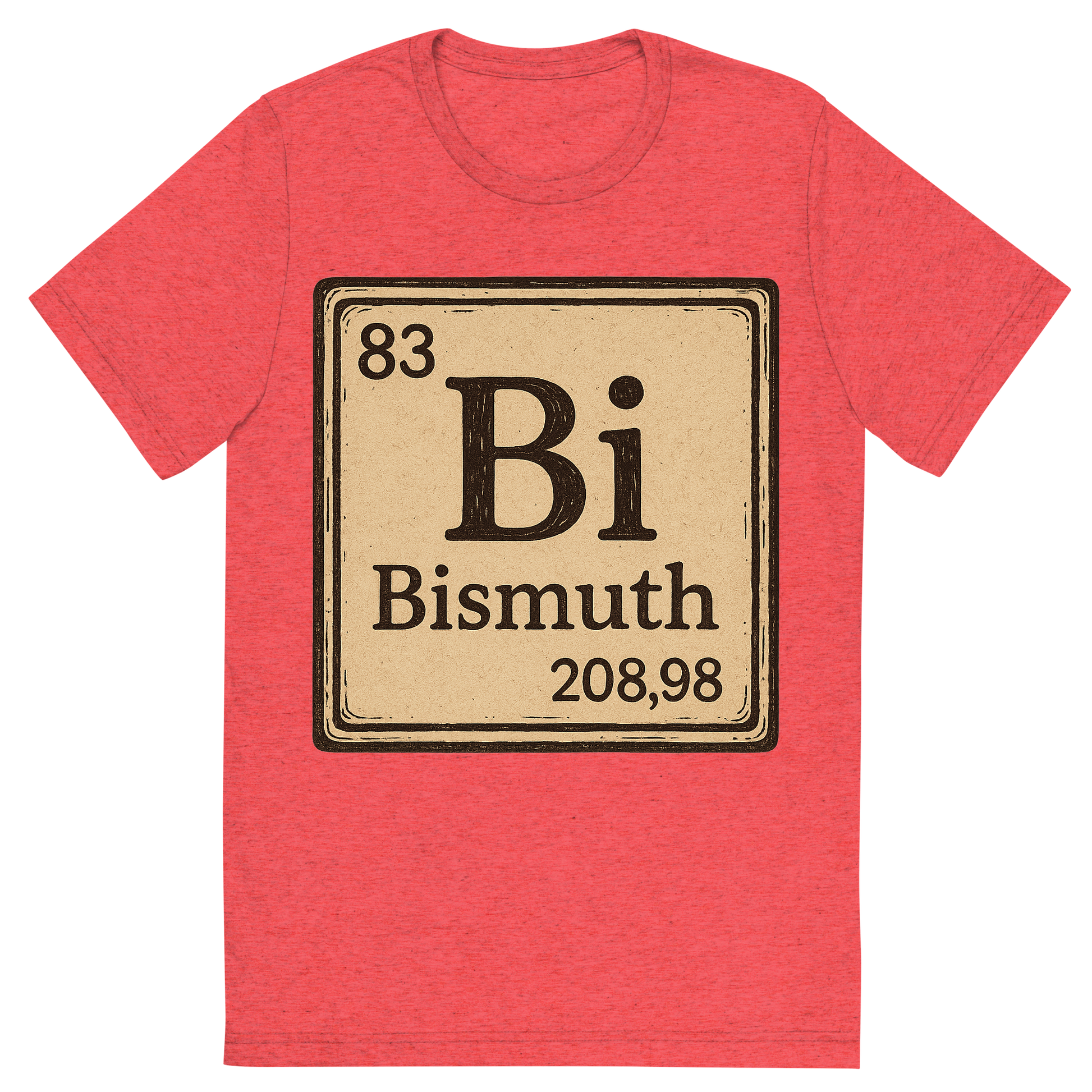 Front view of a Premium Tri-Blend Crew Neck T-Shirt in Red showing 'A line art, nostalgic graphic of bismuth's entry on the periodic table, use a dark color for the lines and text'