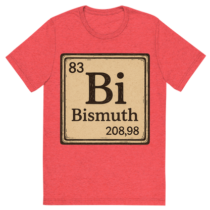 Front view of a Premium Tri-Blend Crew Neck T-Shirt in Red showing 'A line art, nostalgic graphic of bismuth's entry on the periodic table, use a dark color for the lines and text'