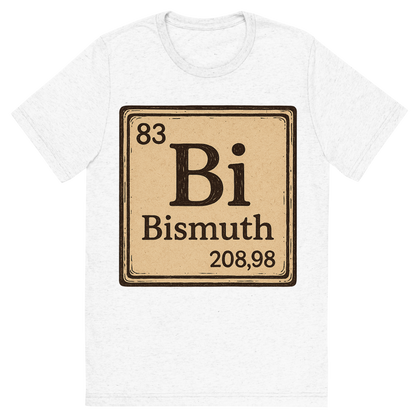 Front view of a Premium Tri-Blend Crew Neck T-Shirt in Solid White showing 'A line art, nostalgic graphic of bismuth's entry on the periodic table, use a dark color for the lines and text'