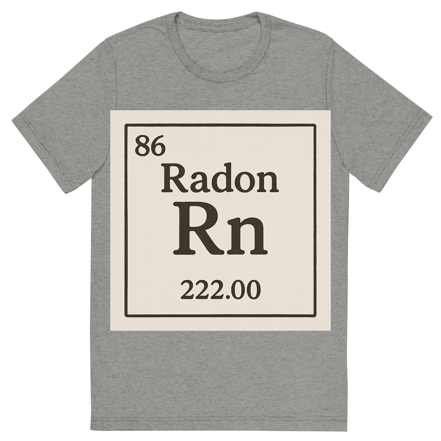 Front view of a Premium Tri-Blend Crew Neck T-Shirt in Athletic Grey showing 'A line art, nostalgic graphic of radon's entry on the periodic table, use a dark color for the lines and text'