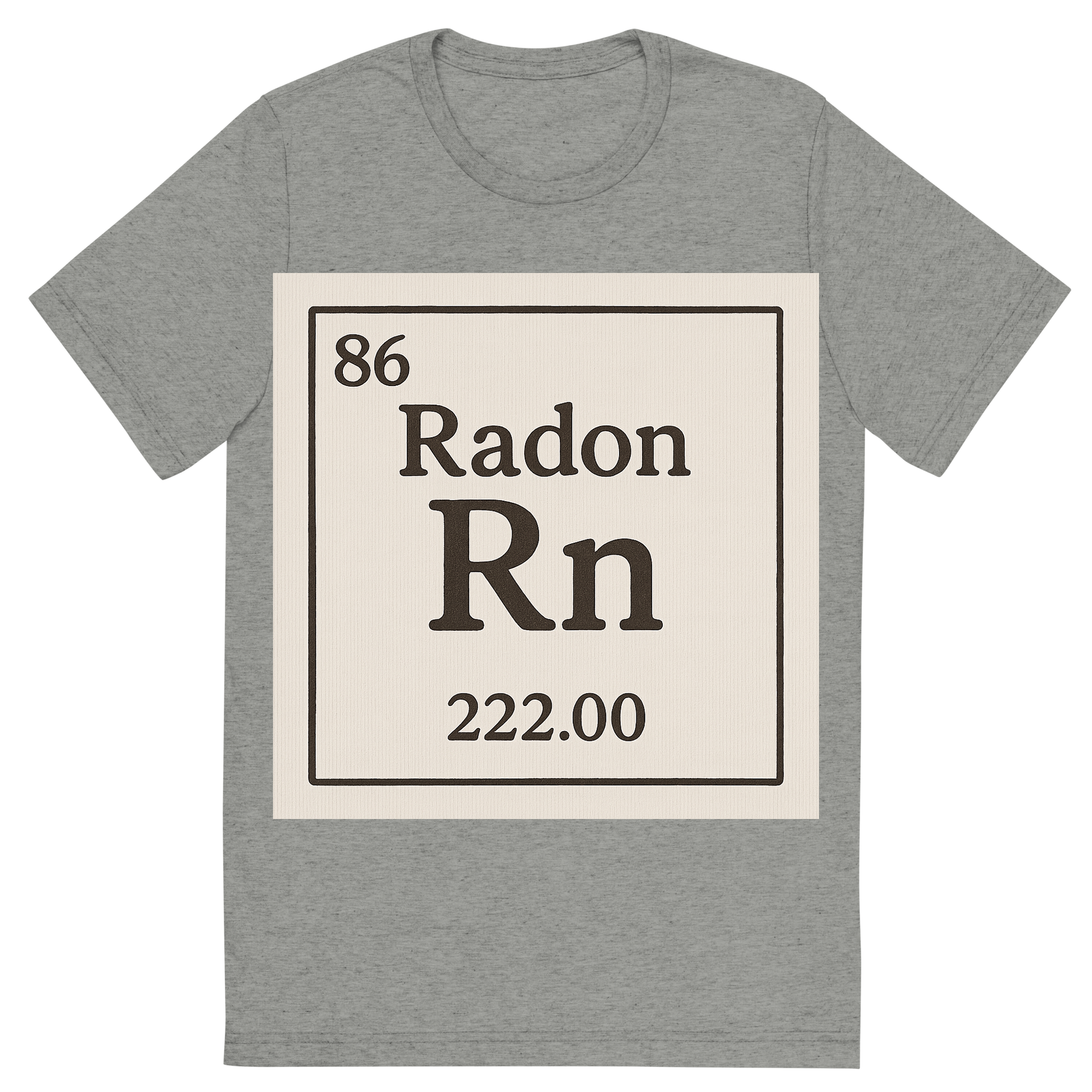 Front view of a Premium Tri-Blend Crew Neck T-Shirt in Athletic Grey showing 'A line art, nostalgic graphic of radon's entry on the periodic table, use a dark color for the lines and text'