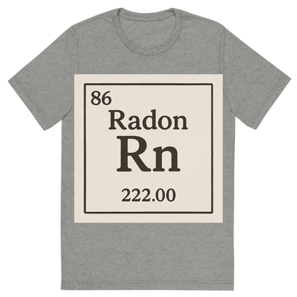 Front view of a Premium Tri-Blend Crew Neck T-Shirt in Athletic Grey showing 'A line art, nostalgic graphic of radon's entry on the periodic table, use a dark color for the lines and text'