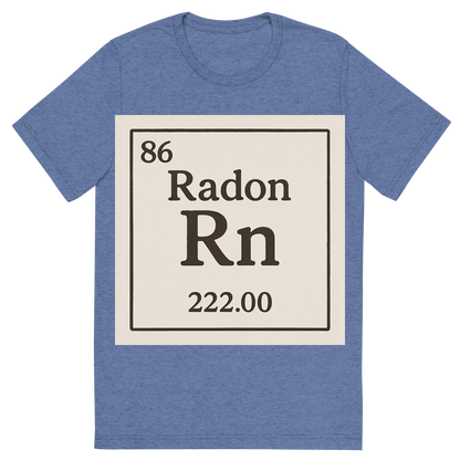 Front view of a Premium Tri-Blend Crew Neck T-Shirt in Blue showing 'A line art, nostalgic graphic of radon's entry on the periodic table, use a dark color for the lines and text'