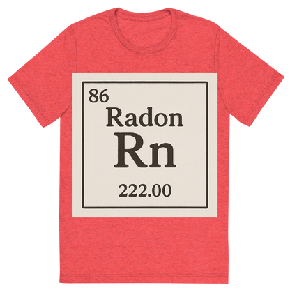 Front view of a Premium Tri-Blend Crew Neck T-Shirt in Red showing 'A line art, nostalgic graphic of radon's entry on the periodic table, use a dark color for the lines and text'