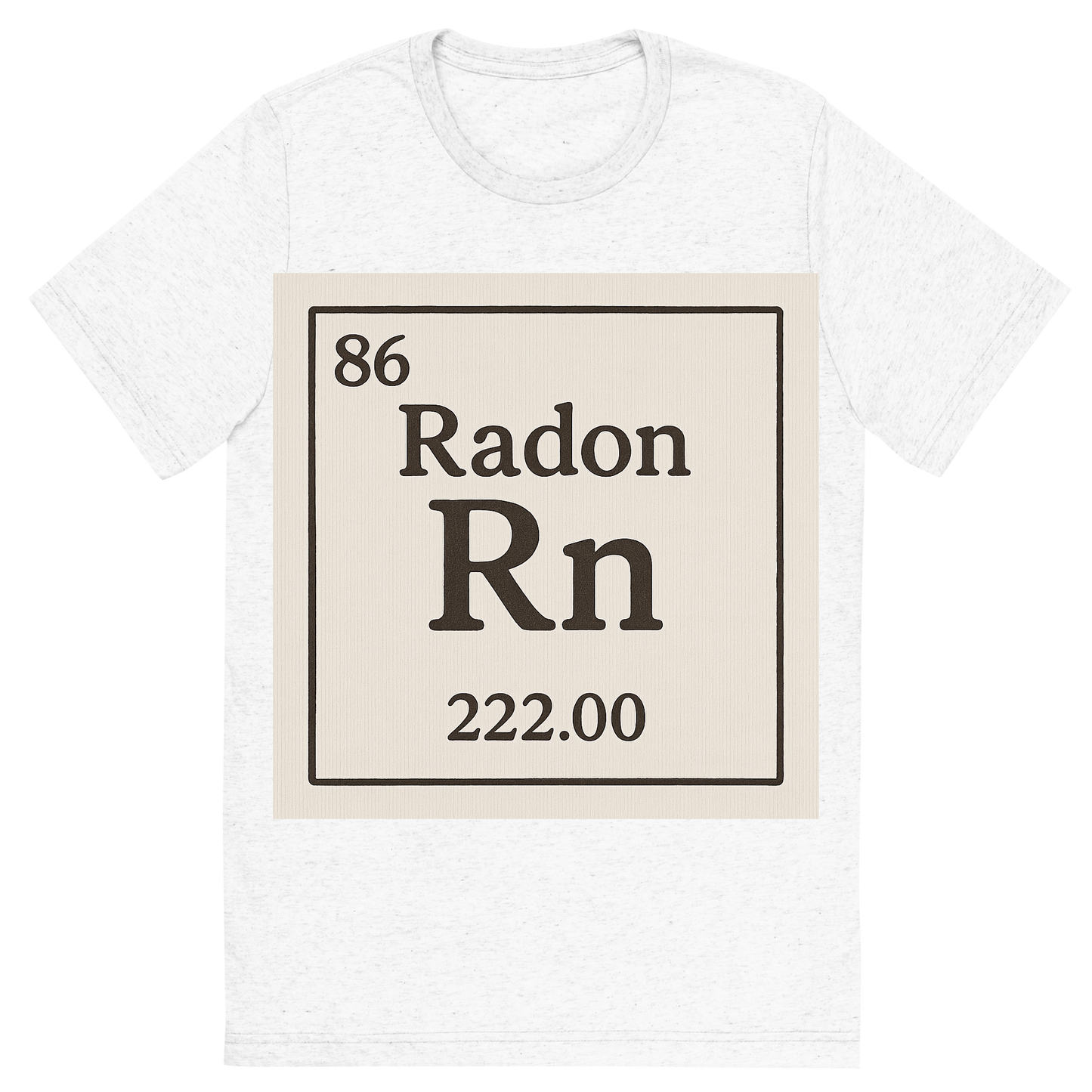 Front view of a Premium Tri-Blend Crew Neck T-Shirt in Solid White showing 'A line art, nostalgic graphic of radon's entry on the periodic table, use a dark color for the lines and text'