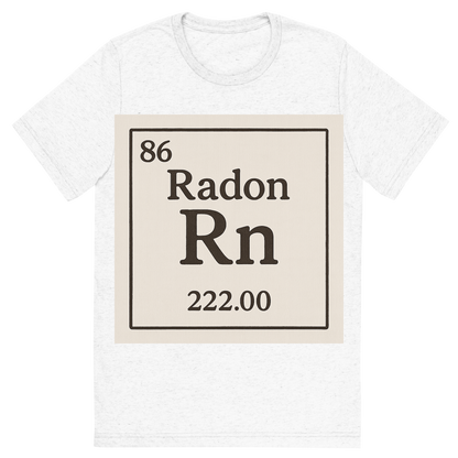 Front view of a Premium Tri-Blend Crew Neck T-Shirt in Solid White showing 'A line art, nostalgic graphic of radon's entry on the periodic table, use a dark color for the lines and text'