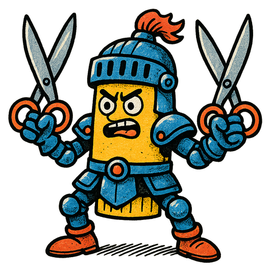 A hand-drawn ink with pop color, ridiculous graphic of a cartoon glue stick in battle armor wielding scissors as swords, with “glue stick gladiator” in chunky comic font below. transparent background, hand-drawn ink and color, centered composition, dtg optimized. - a t-shirt design
