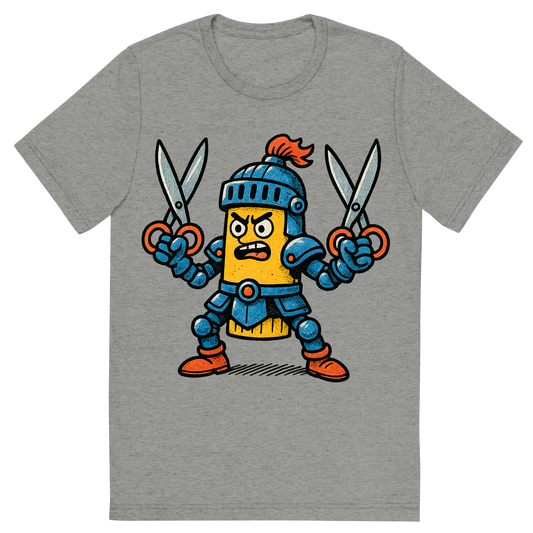 Front view of a Premium Tri-Blend Crew Neck T-Shirt in Athletic Grey showing 'A hand-drawn ink with pop color, ridiculous graphic of a cartoon glue stick in battle armor wielding scissors as swords, with “glue stick gladiator” in chunky comic font below. transparent background, hand-drawn ink and color, centered composition, dtg optimized.'