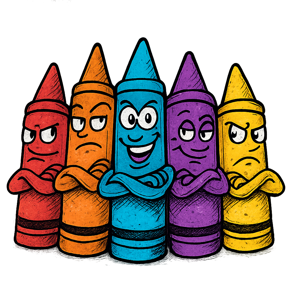 A hand-drawn ink with pop color, cheeky graphic of a lineup of cartoon crayons with expressive faces and personalities, arms crossed like a gang, with the words “crayon crew” above in bright block lettering. transparent background, centered, dtg optimized, hand-drawn with vibrant colors. - a t-shirt design