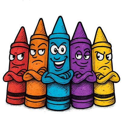 A hand-drawn ink with pop color, cheeky graphic of a lineup of cartoon crayons with expressive faces and personalities, arms crossed like a gang, with the words “crayon crew” above in bright block lettering. transparent background, centered, dtg optimized, hand-drawn with vibrant colors. - a t-shirt design