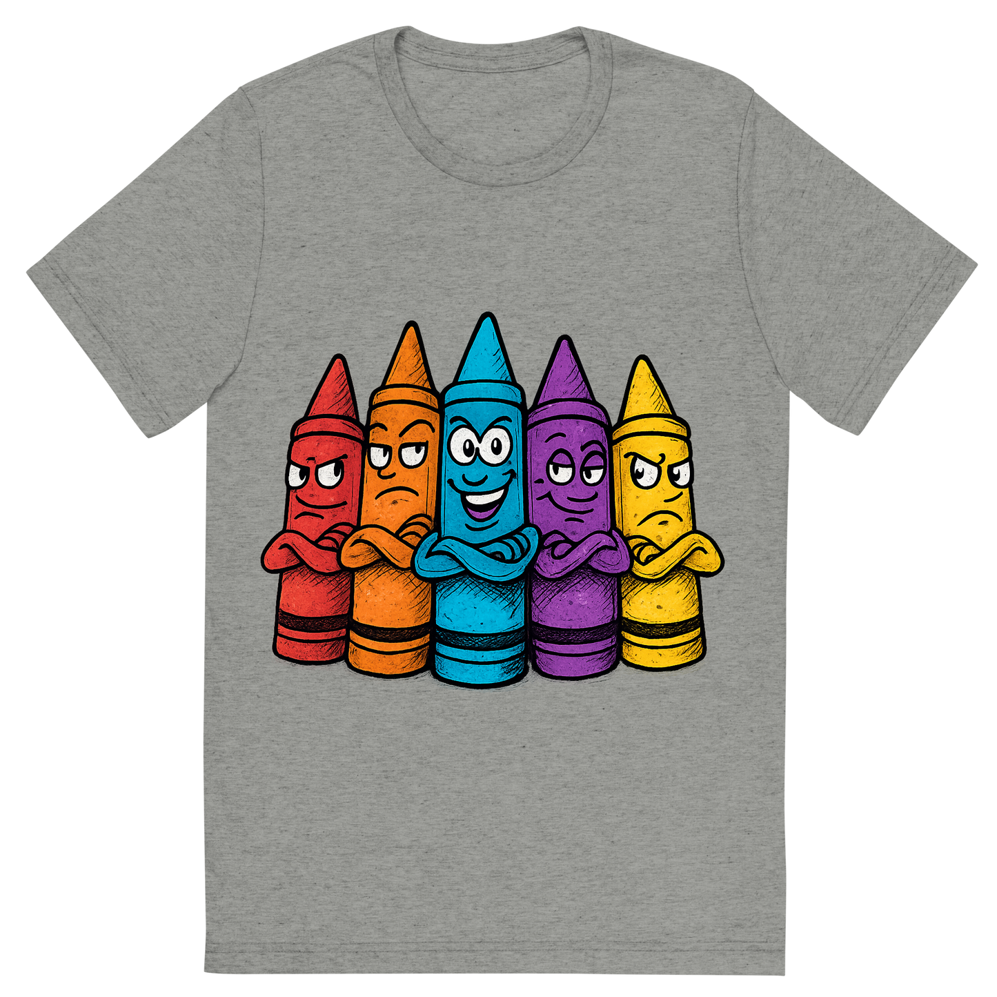 Front view of a Premium Tri-Blend Crew Neck T-Shirt in Athletic Grey showing 'A hand-drawn ink with pop color, cheeky graphic of a lineup of cartoon crayons with expressive faces and personalities, arms crossed like a gang, with the words “crayon crew” above in bright block lettering. transparent background, centered, dtg optimized, hand-drawn with vibrant colors.'