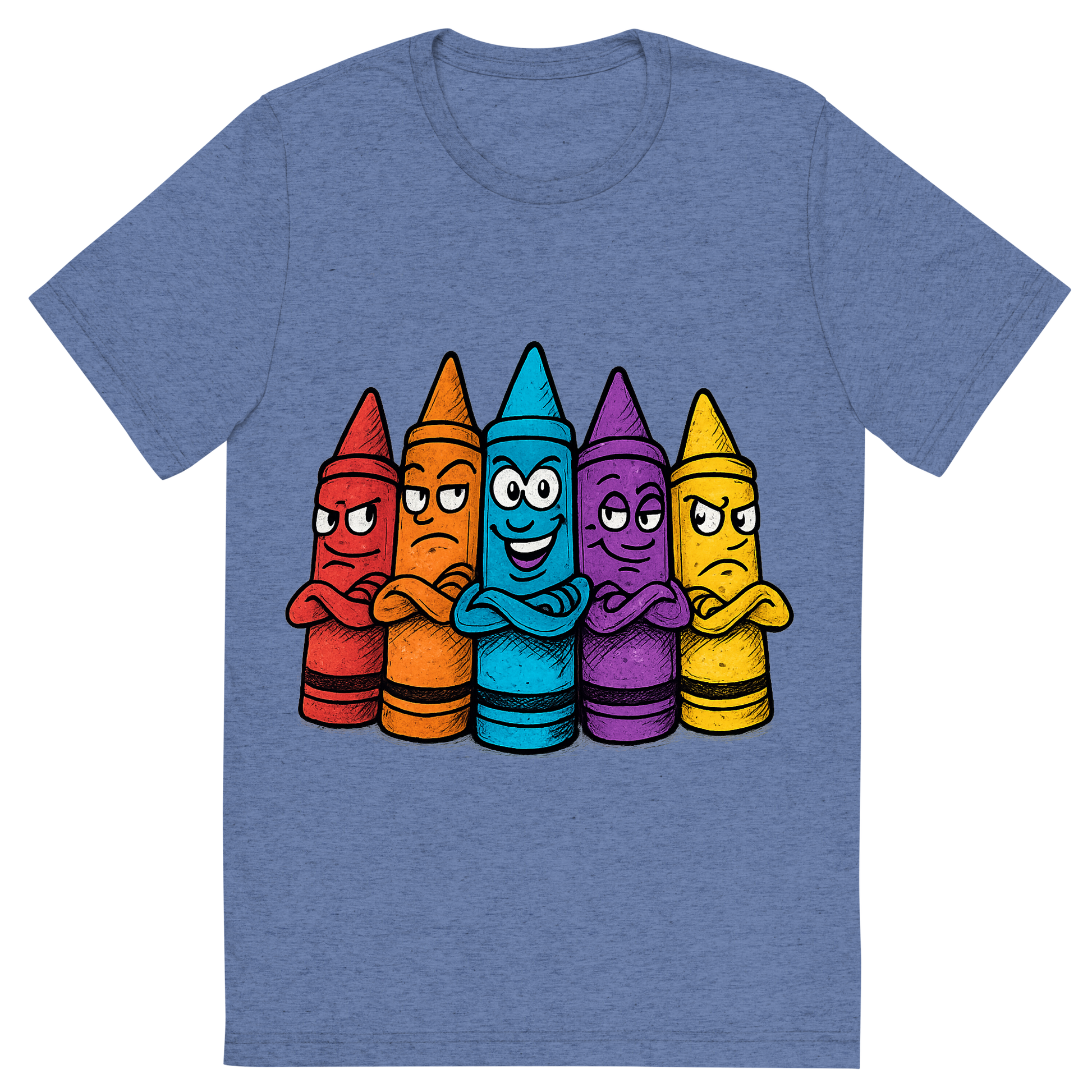 Front view of a Premium Tri-Blend Crew Neck T-Shirt in Blue showing 'A hand-drawn ink with pop color, cheeky graphic of a lineup of cartoon crayons with expressive faces and personalities, arms crossed like a gang, with the words “crayon crew” above in bright block lettering. transparent background, centered, dtg optimized, hand-drawn with vibrant colors.'